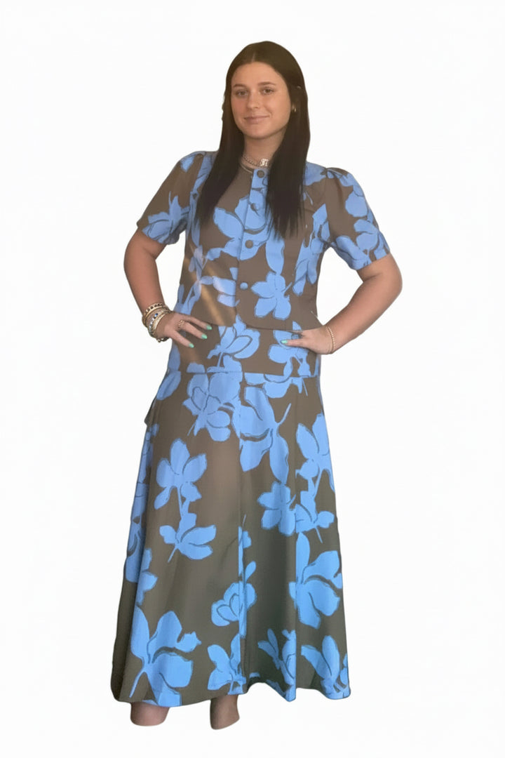 Entro Blue Floral Chocolate Brown Midi Skirt