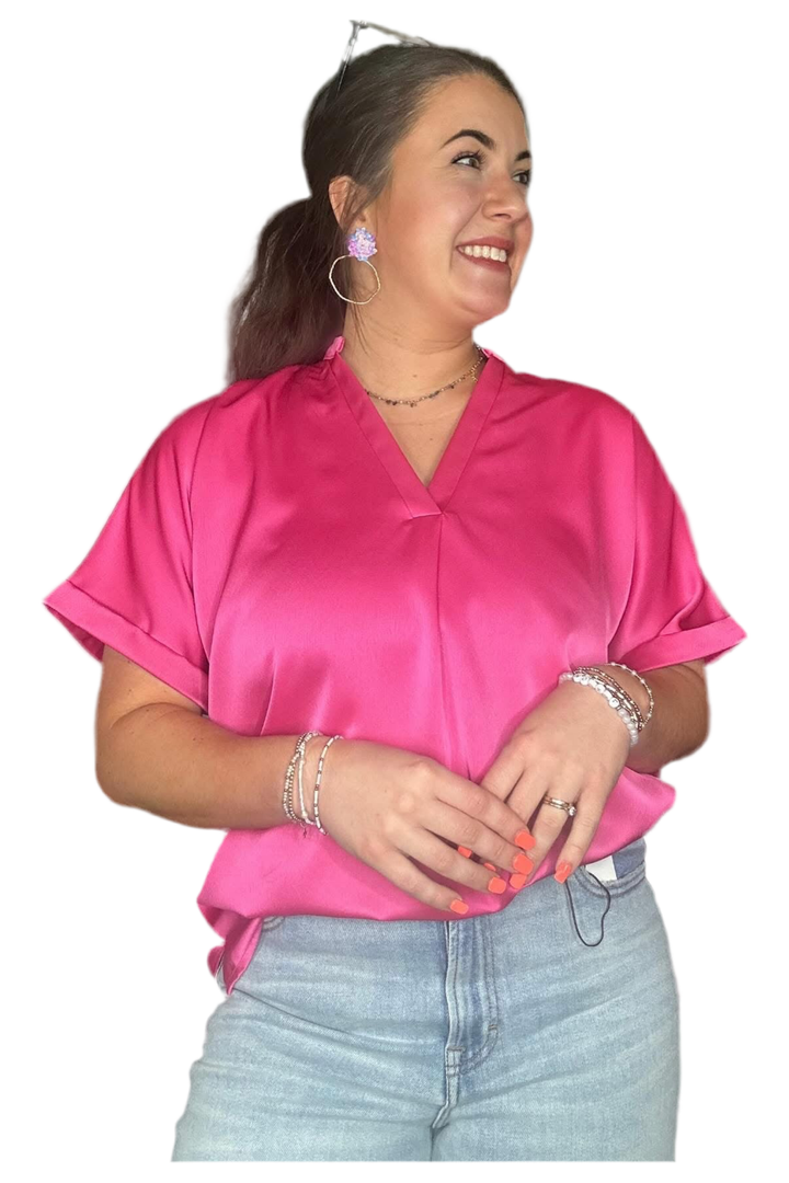 Vneck Placket Sleeve Cuff Top - Vintage Dragonfly Boutique
