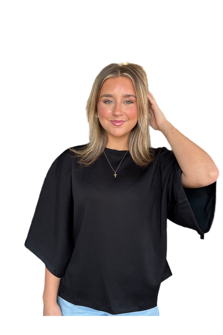 Entro Black Knit Top – Elbow Sleeve Relaxed Silhouette Blouse