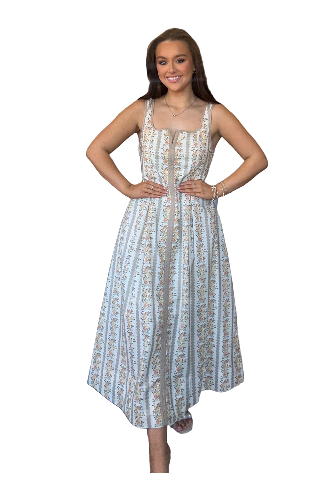 Floral Stripe Sleeveless Midi Dress with Ribbon  Detail - Vintage Dragonfly Boutique