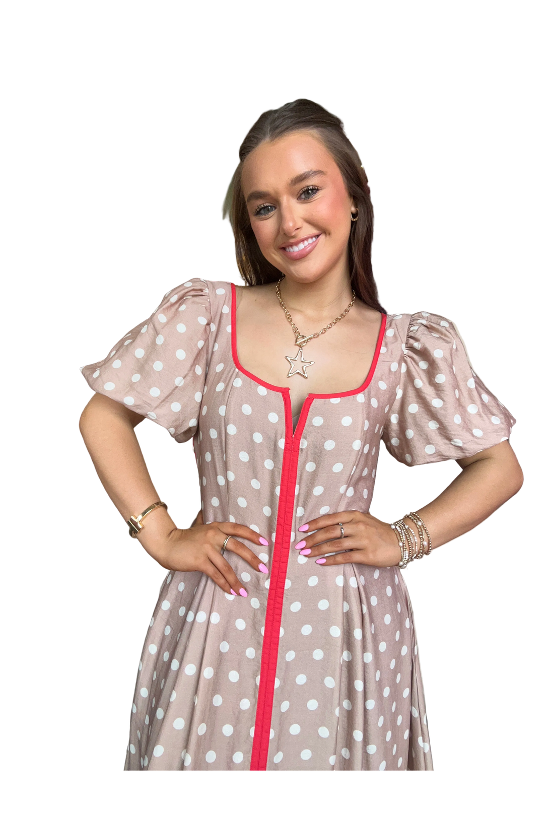 Entro Taupe Polka Dot Puff Sleeve Midi Dress with Red Trim - Vintage Dragonfly Boutique