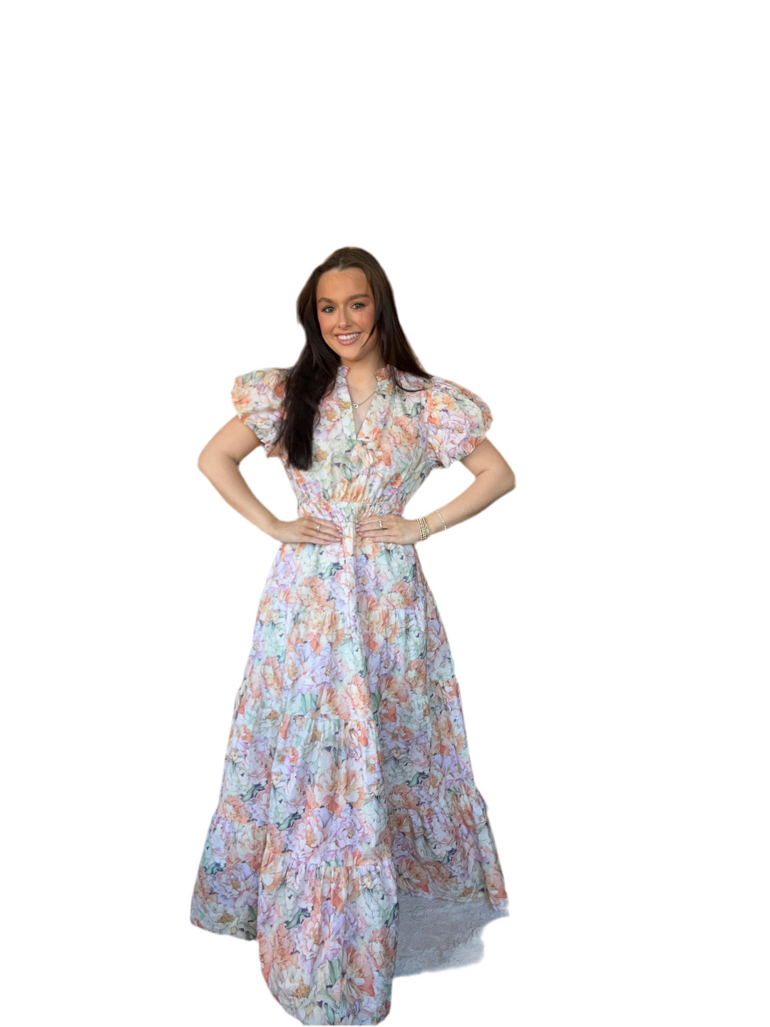 Entro Cream Floral Mix  Bubble Sleeve Tiered Midi Dress