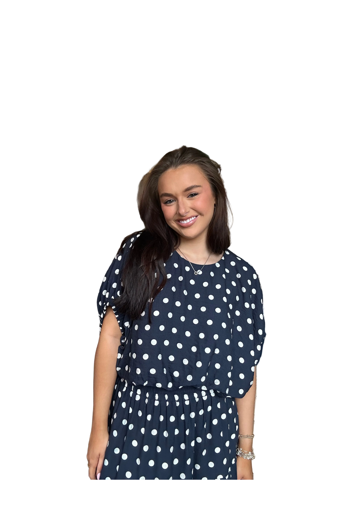 Entro Navy Polka Dot Dolman Sleeve Top with Elastic Hem - Vintage Dragonfly Boutique