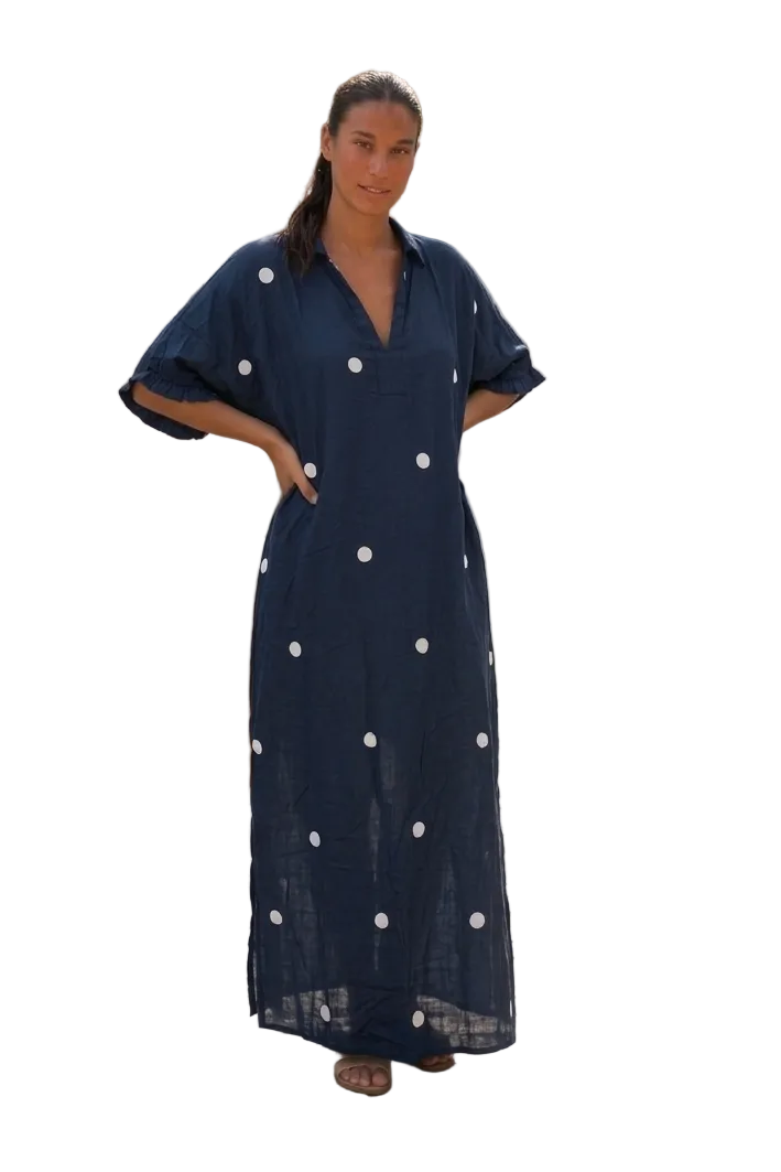 Entro Navy Polka Dot Midi Dress | Classic Women’s Boutique Dress - Vintage Dragonfly Boutique