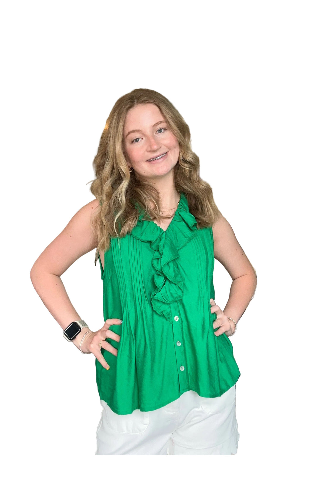 Entro Emerald Green Ruffle Front Sleeveless Blouse - Vintage Dragonfly Boutique