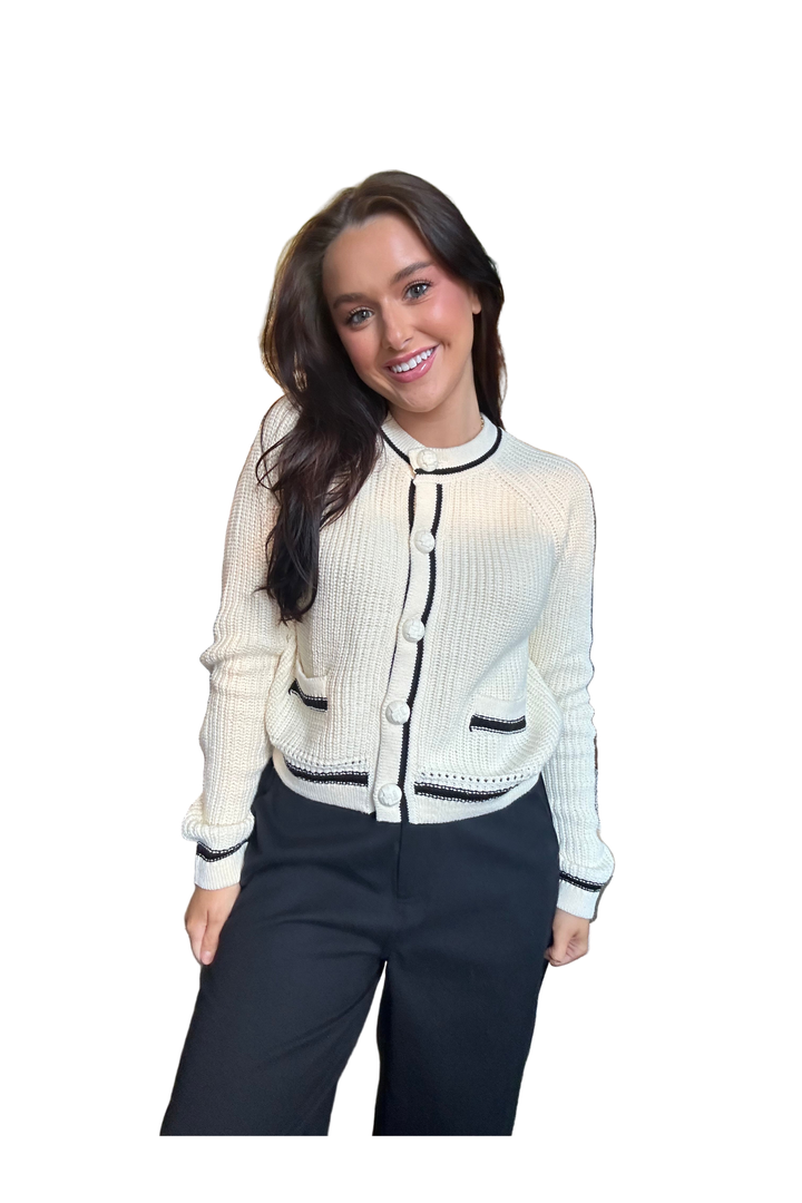 Butter Cream Button-Front Cardigan with Black Trim | Aaron & Amber
