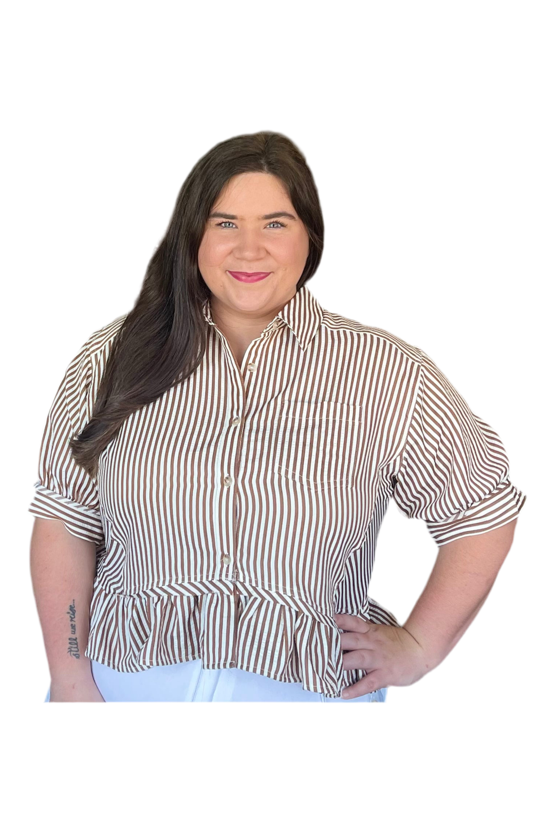 Brown Striped 3/4 L Sleeve Ruffle Hem Top - Vintage Dragonfly Boutique