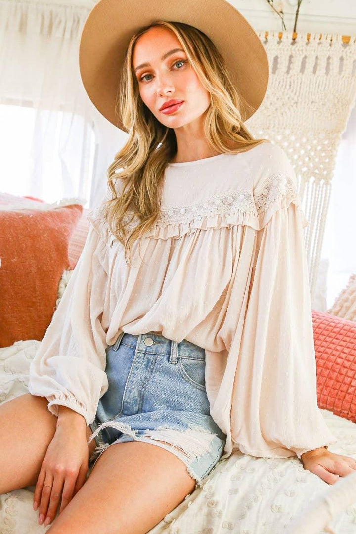 Vine & Love - Lace-up back detail swiss dot patterned blouse - Vintage Dragonfly Boutique
