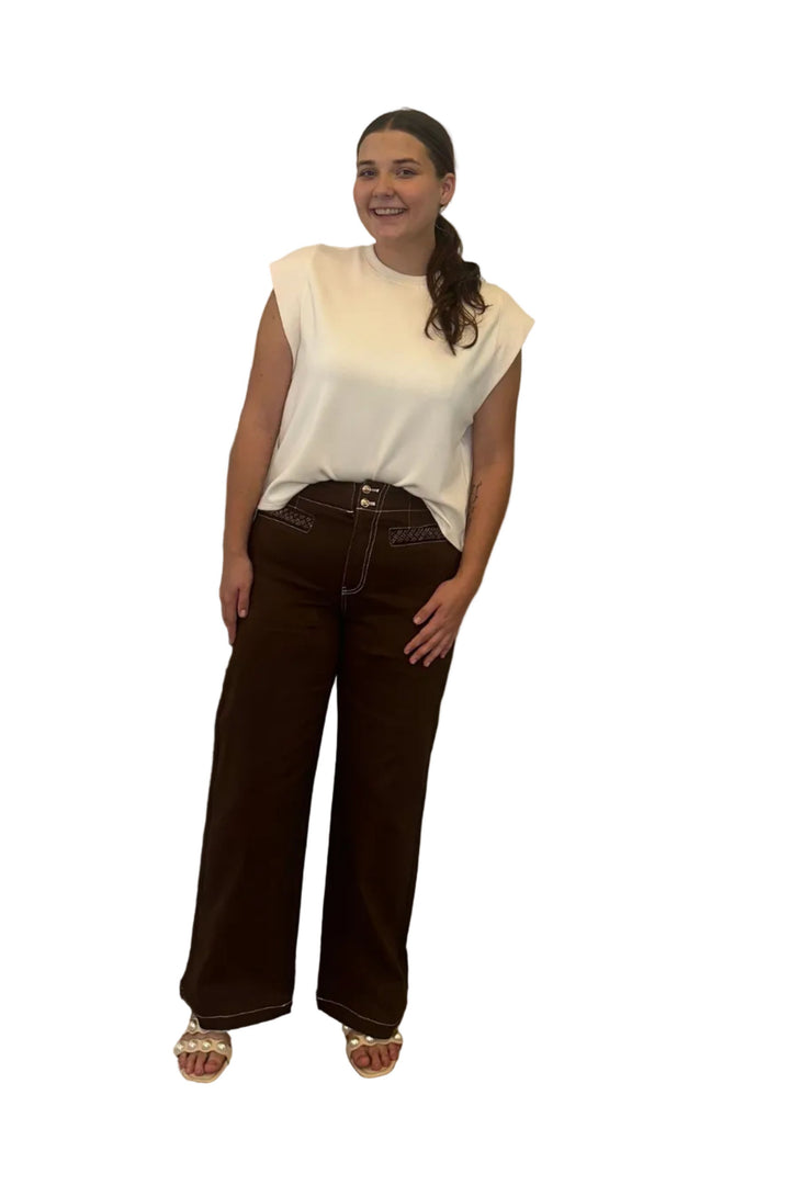 Entro Brown Contrast Stitch Wide Leg Pants