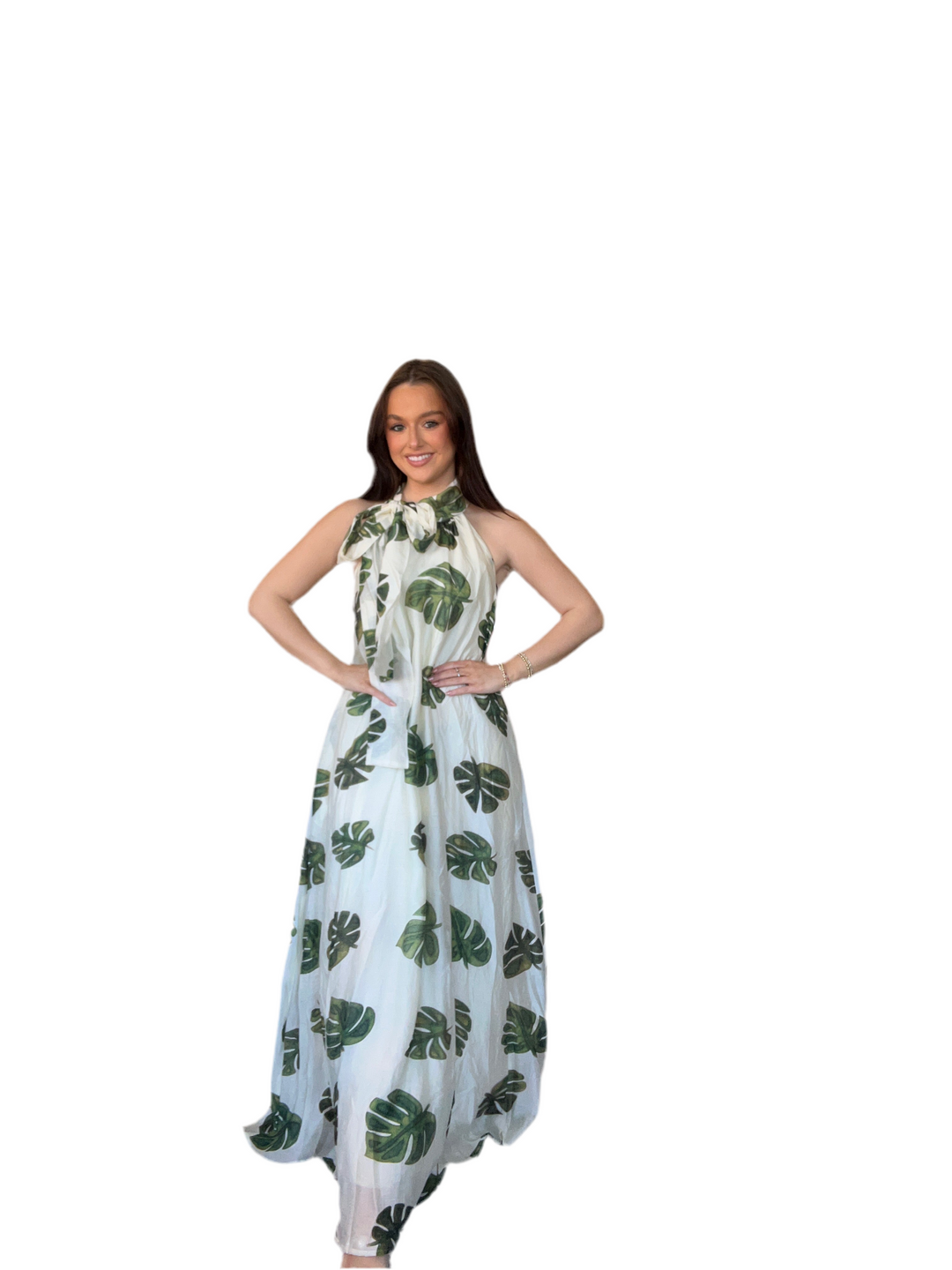 Cream Leaf Print Maxi Dress with Halter Tie Neck | Entro Boutique Dress