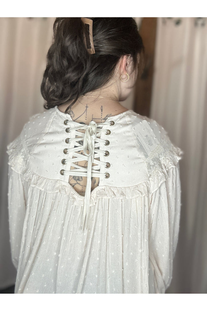 Vine & Love - Lace-Up Back Detail Swiss Dot Top - Vintage Dragonfly Boutique