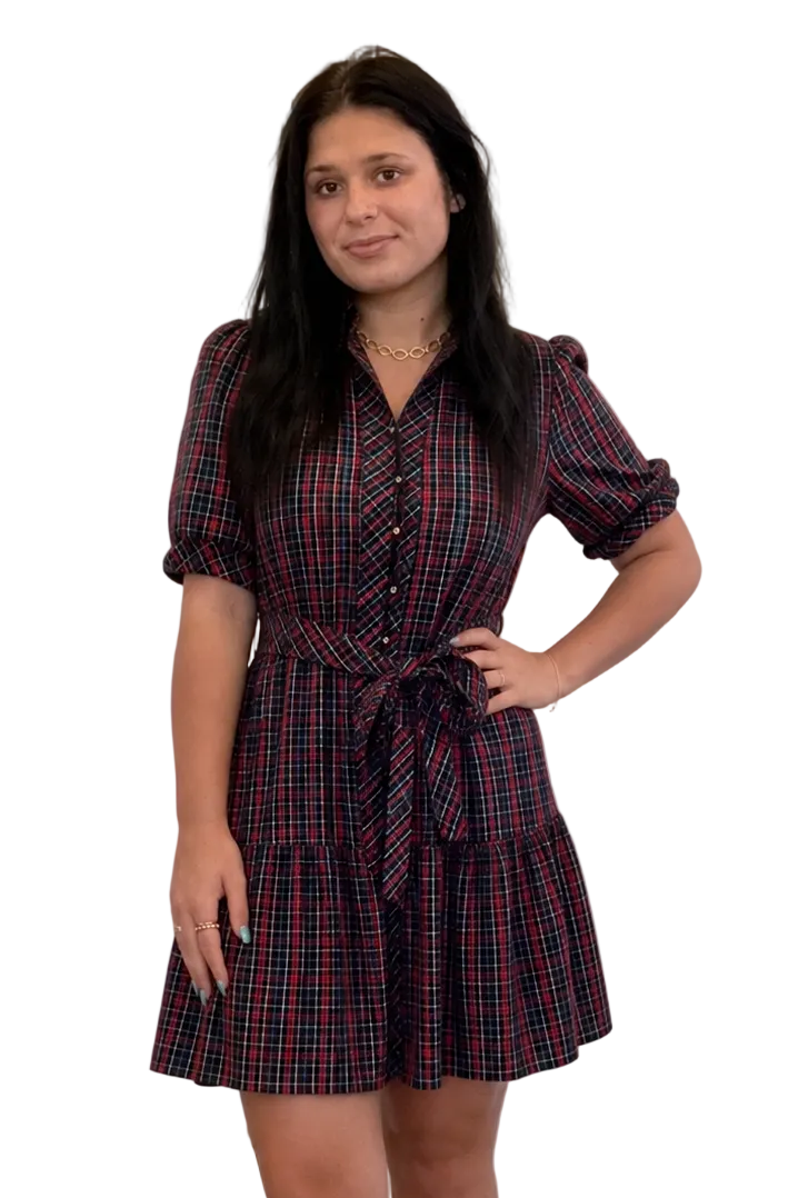 ENTRO Navy &amp; Red Plaid Puff Sleeve Belted Dress