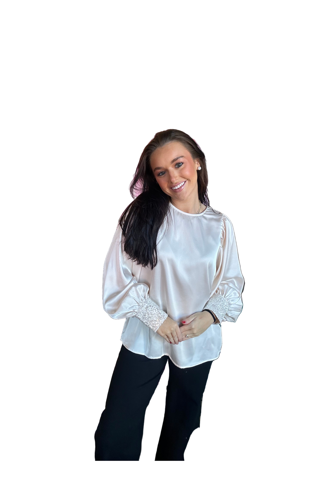Champagne Sequin Cuff Blouse – Vine & Love Long Sleeve Top with Keyhole Back