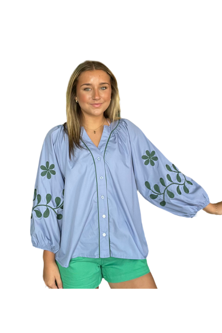 Slate Blue Embroidered V-Neck Top – Chic Everyday Style for Women - Vintage Dragonfly Boutique