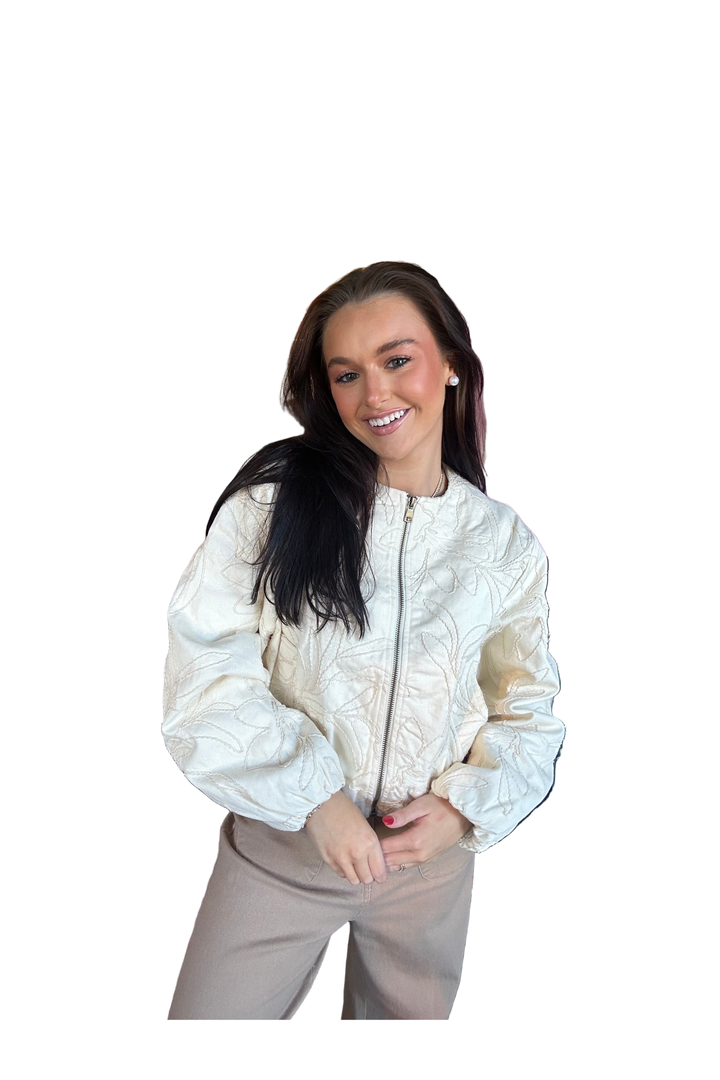 Butter Cream Floral Embroidered Western Boho Bomber Cotton Jacket by Aaron & Amber