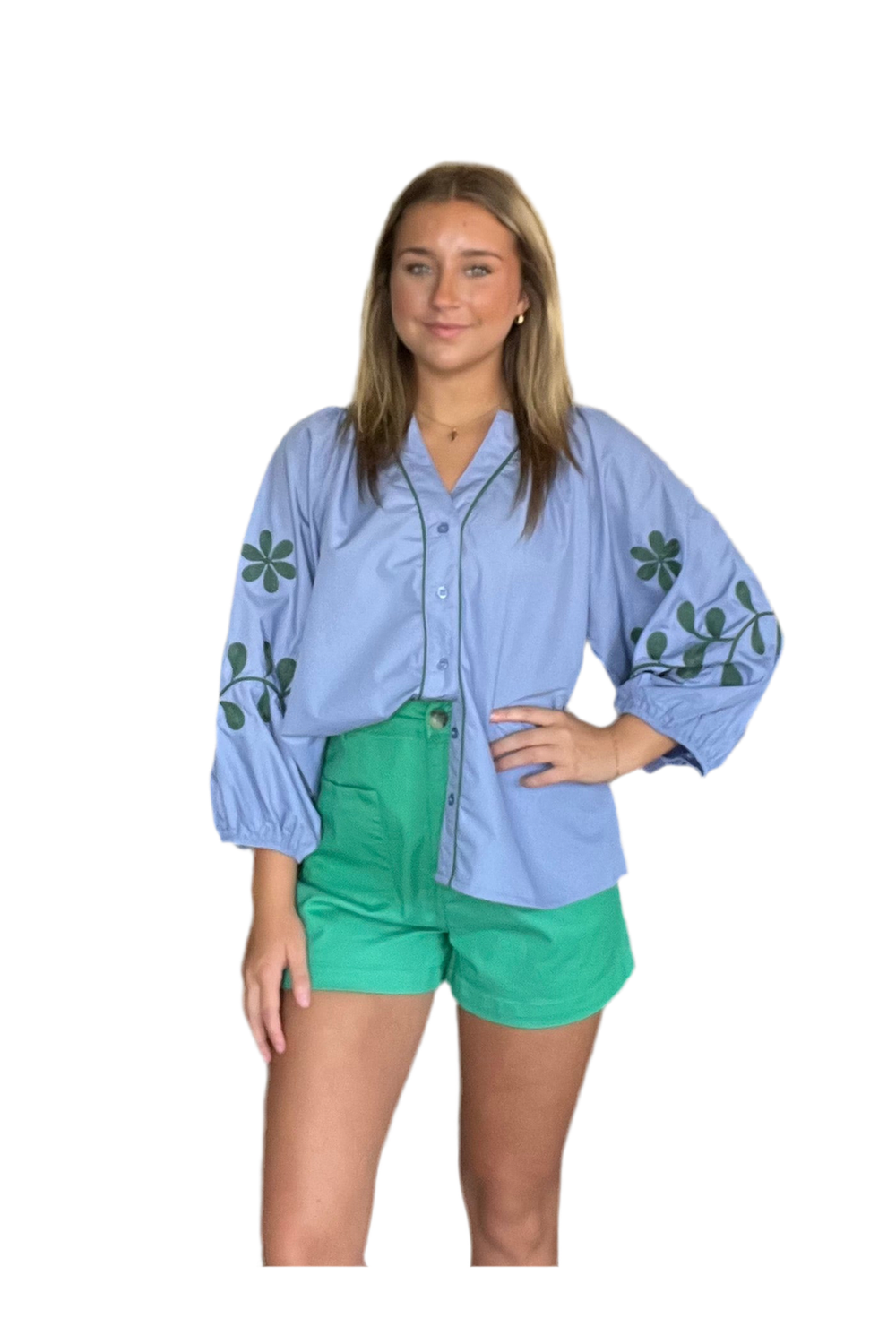 Slate Blue Embroidered V-Neck Top – Chic Everyday Style for Women - Vintage Dragonfly Boutique