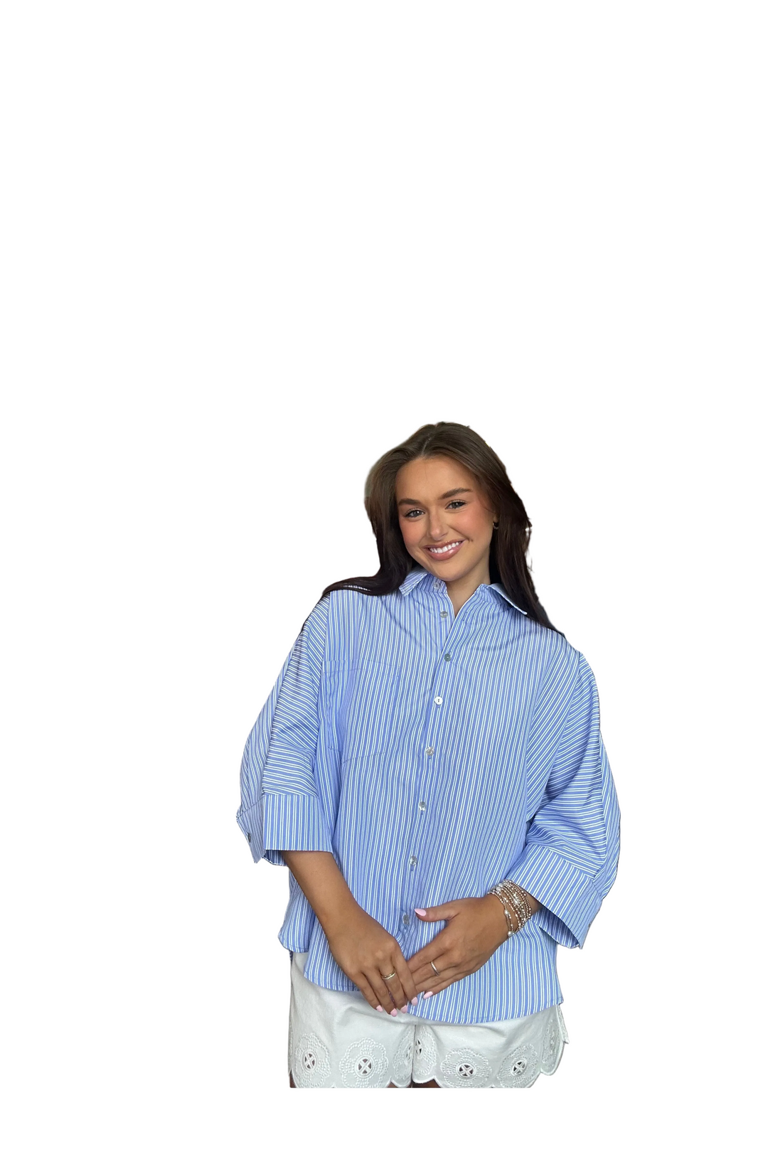 Entro Blue Striped Button Down Top – Oversized Collared Shirt - Vintage Dragonfly Boutique