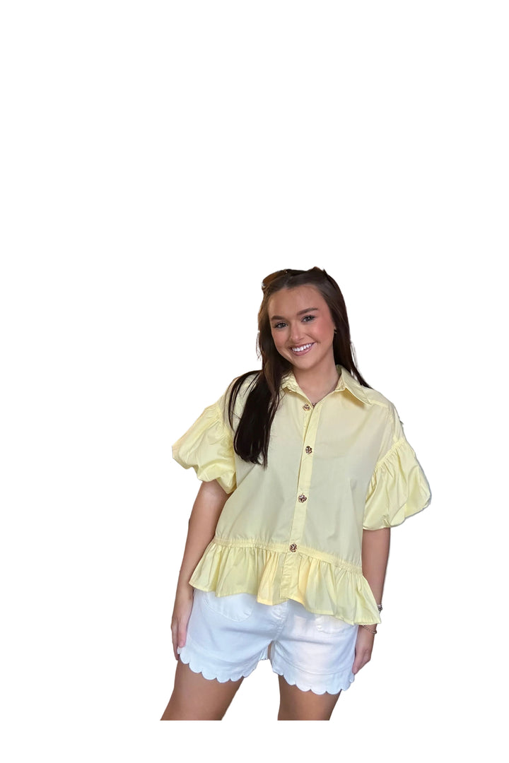 Entro Yellow Peplum Button Front Top – Lightweight Collared Blouse for Women - Vintage Dragonfly Boutique