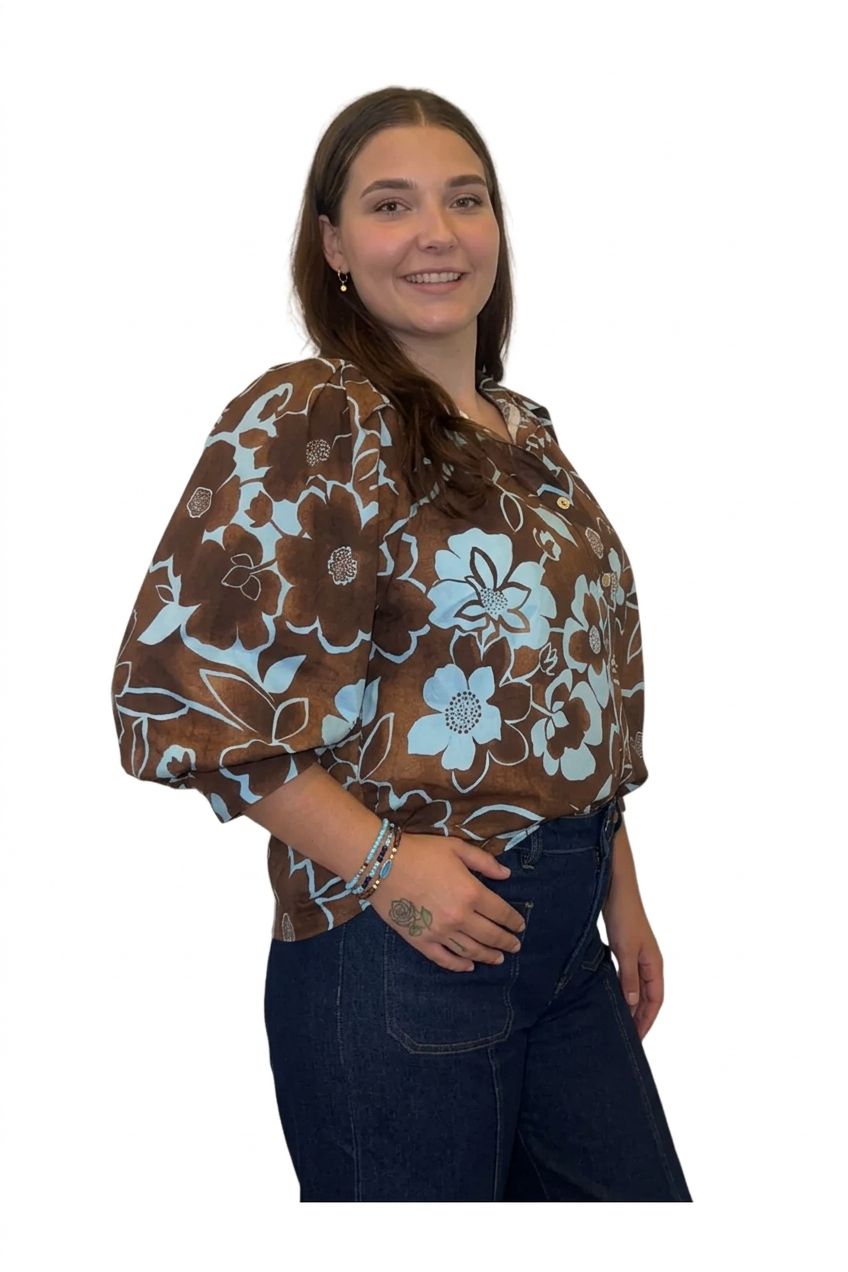 Entro Chocolate Brown & Blue Floral Button-Up Blouse - Vintage Dragonfly Boutique