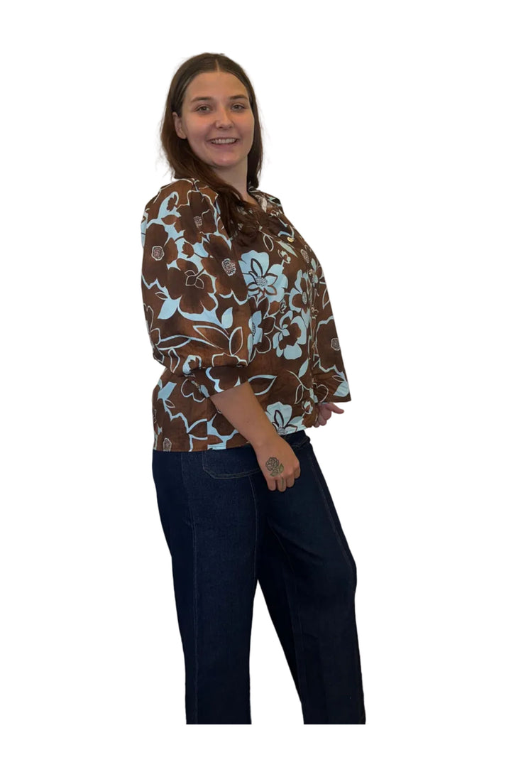Entro Chocolate Brown &amp; Blue Floral Button-Up Blouse