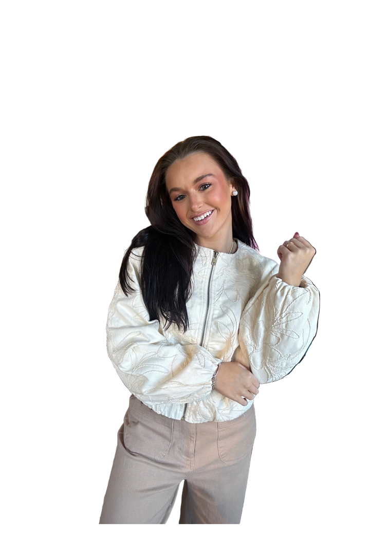 Butter Cream Floral Embroidered Western Boho Bomber Cotton Jacket by Aaron & Amber