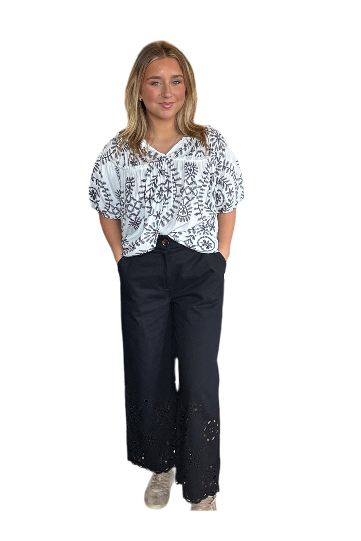 Straight Leg Eyelet Cut Out Pants | Comfortable Chic by Entro