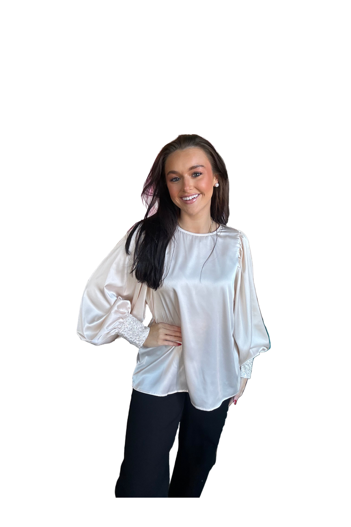 Champagne Sequin Cuff Blouse – Vine & Love Long Sleeve Top with Keyhole Back