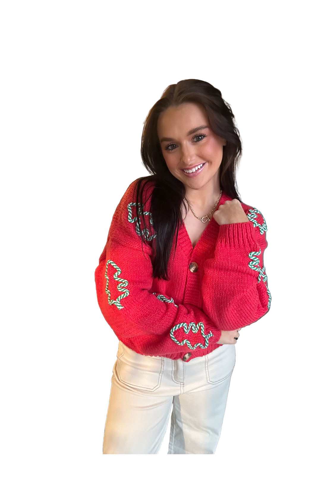 V-Neck Tree Embossed Cardigan – Bulky Knit Button-Front Sweater by Annie Wear