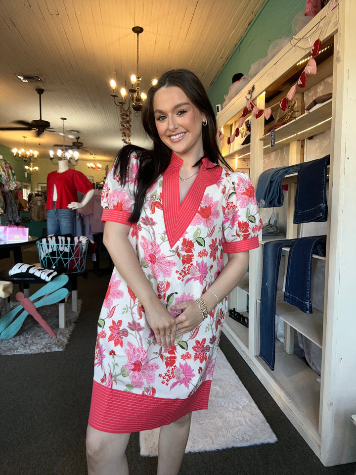 Pink Floral Mini Dress with Orange Accents | Entro Puff Sleeve Dress with Pockets