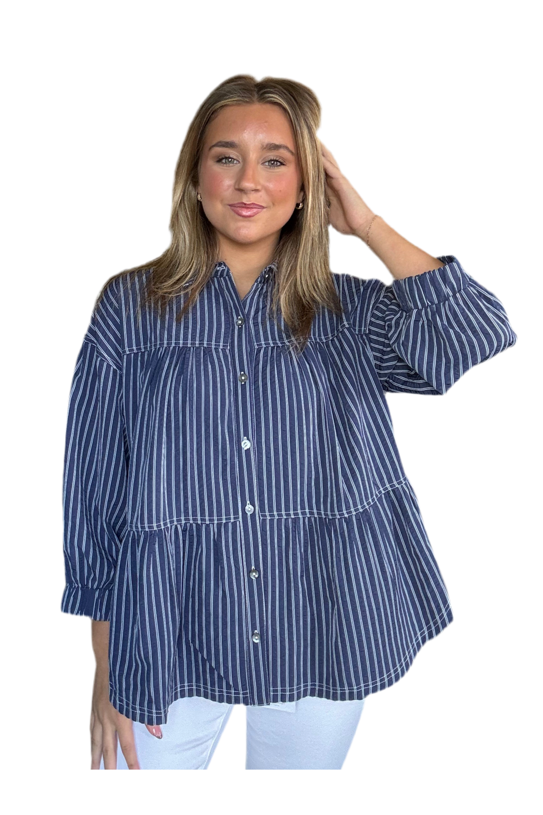 Entro Navy Striped Button Front Blouse – Flirty Everyday Top with Waist Seam & ¾ Sleeves