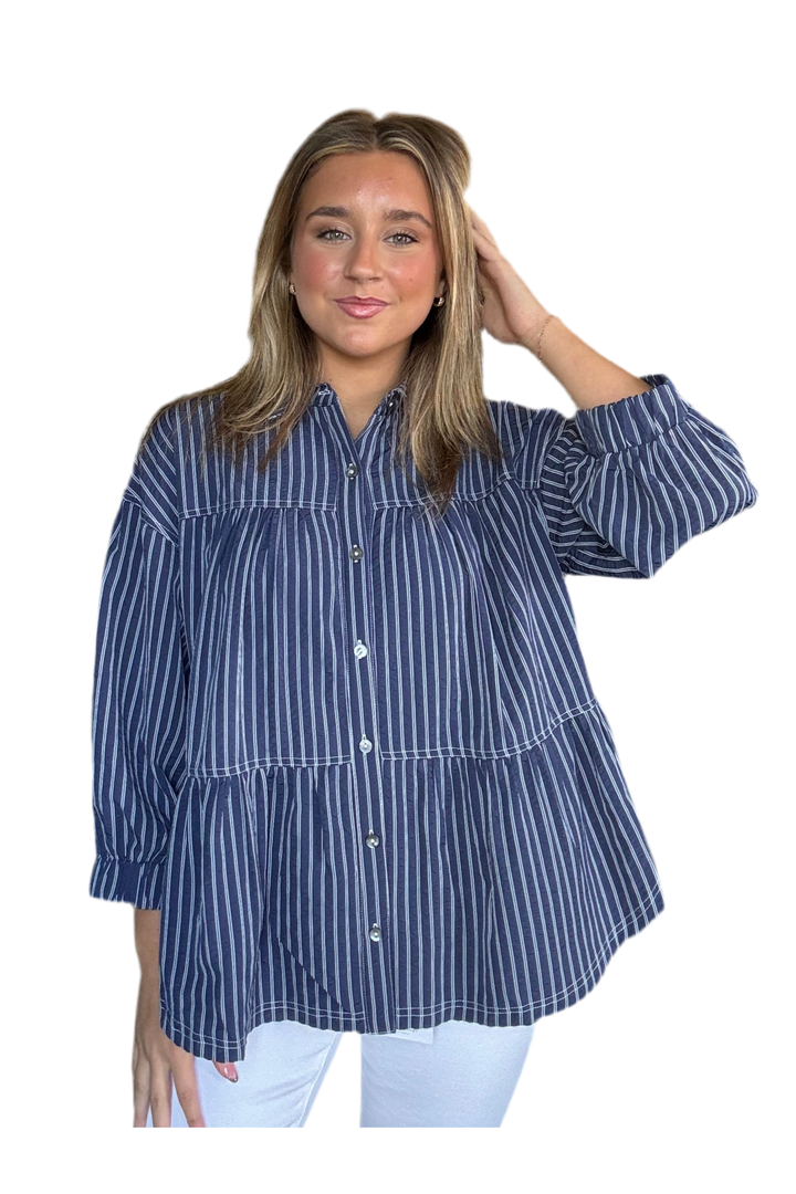 Entro Navy Striped Button Front Blouse – Flirty Everyday Top with Waist Seam & ¾ Sleeves