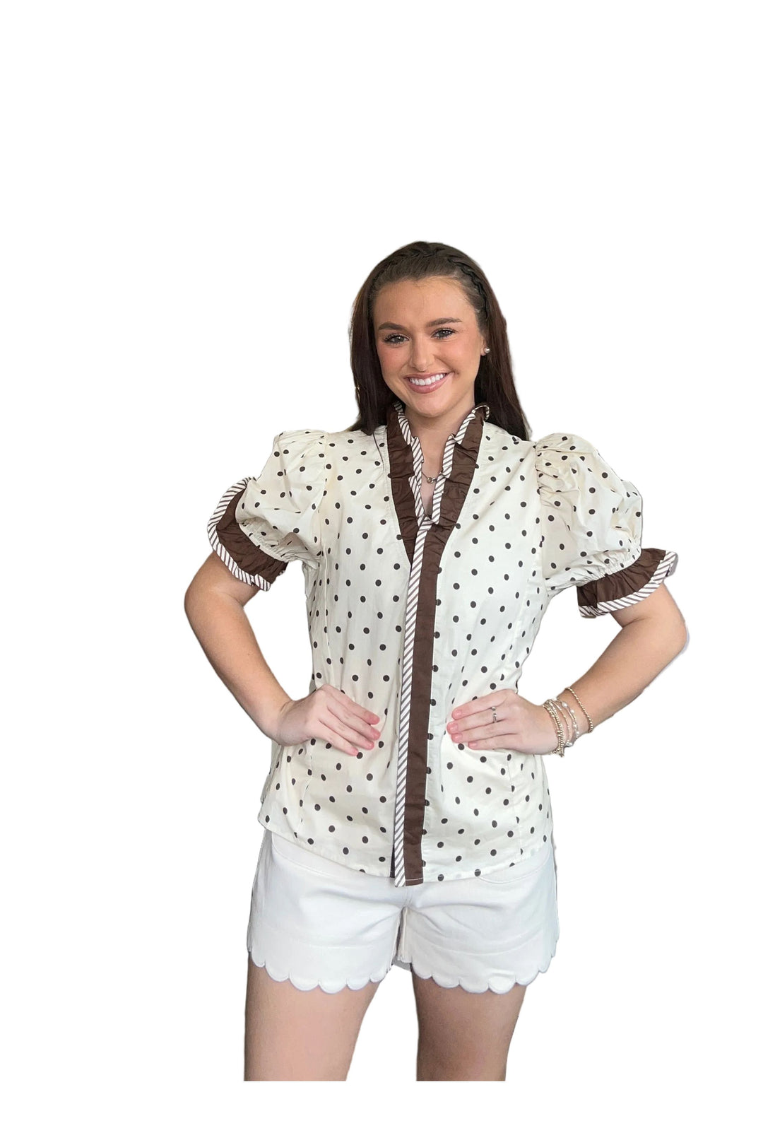 Entro Cream Polka Dot Puff Sleeve Blouse with Brown Trim - Vintage Dragonfly Boutique