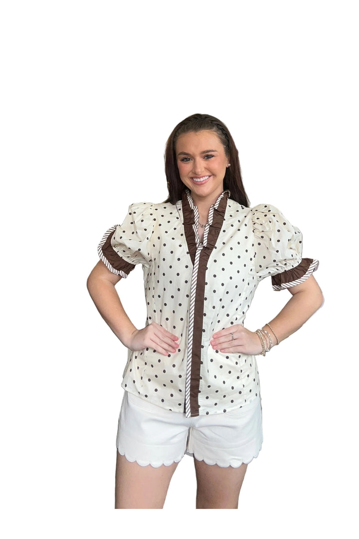 Entro Cream Polka Dot Puff Sleeve Blouse with Brown Trim - Vintage Dragonfly Boutique