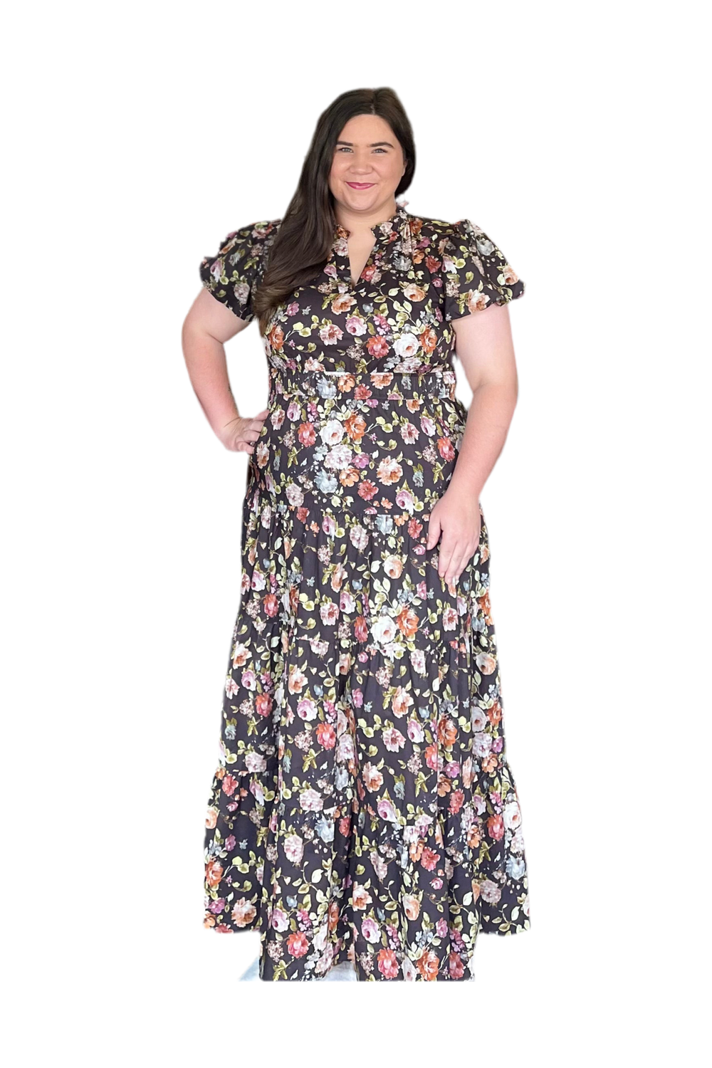 Entro Chocolate Mix  Bubble Sleeve Tiered Midi Dress - Vintage Dragonfly Boutique
