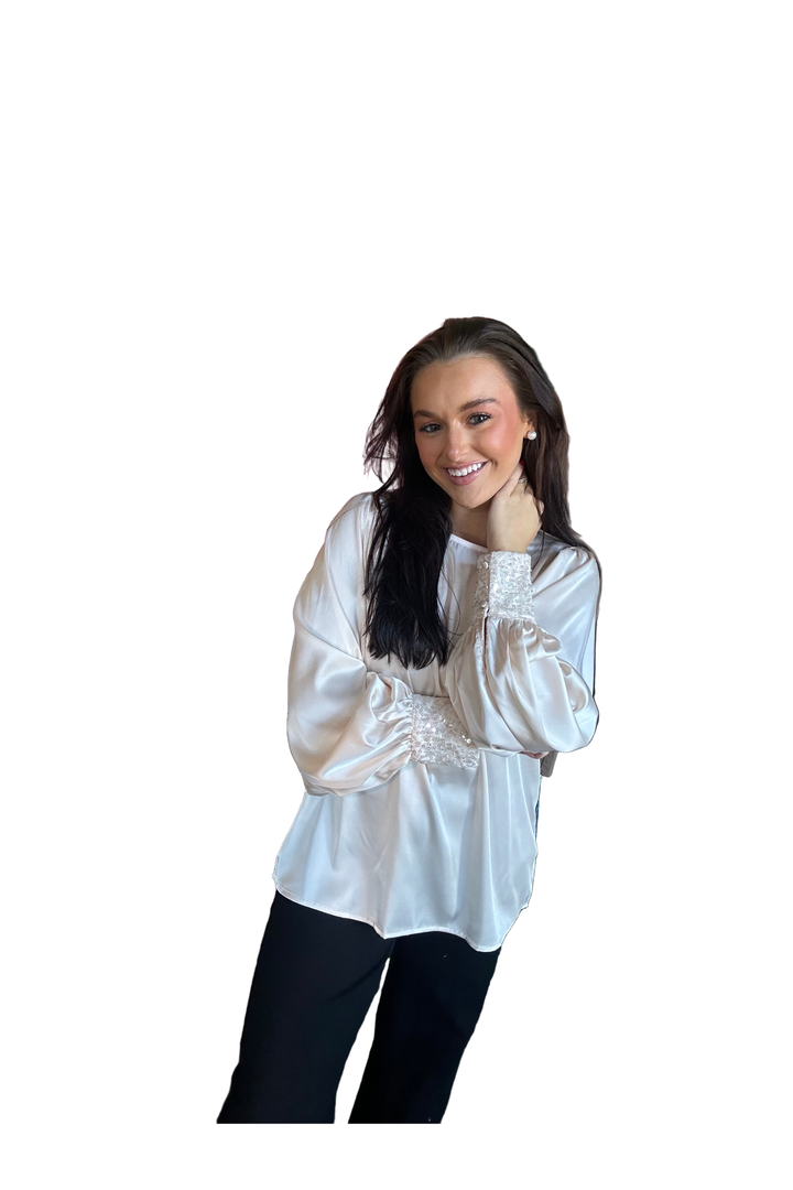 Champagne Sequin Cuff Blouse – Vine & Love Long Sleeve Top with Keyhole Back