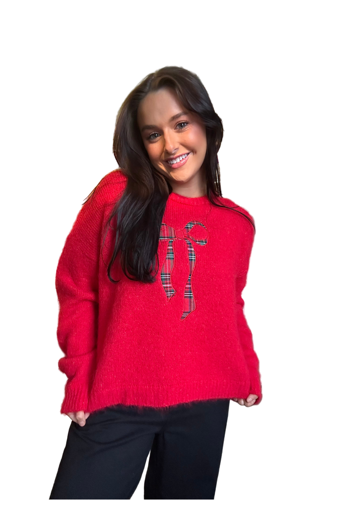 Red Bow Detail Sweater – Soft, Flirty, & Festive by Peach Love