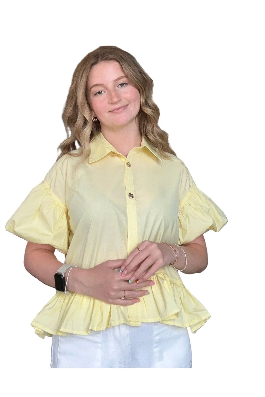 Entro Yellow Peplum Button Front Top – Lightweight Collared Blouse for Women - Vintage Dragonfly Boutique