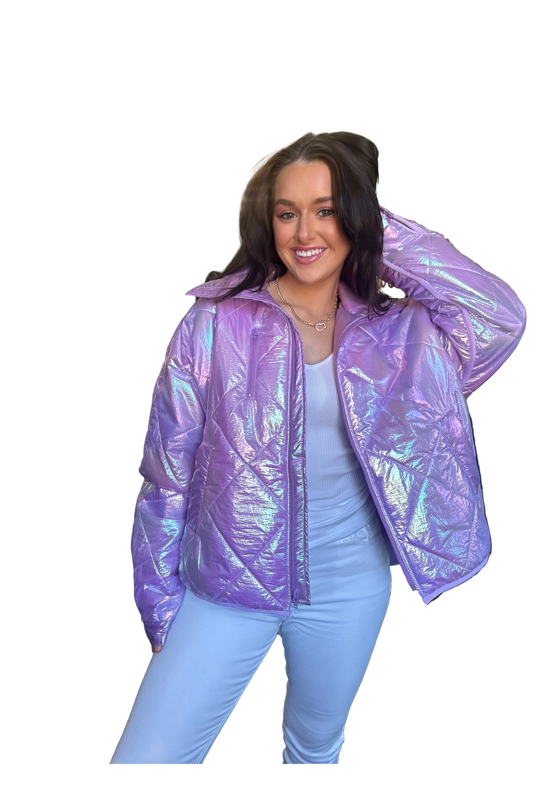 Pearlescent Quilted Jacket in Pearl & Lilac with Zip Front | Peach Love