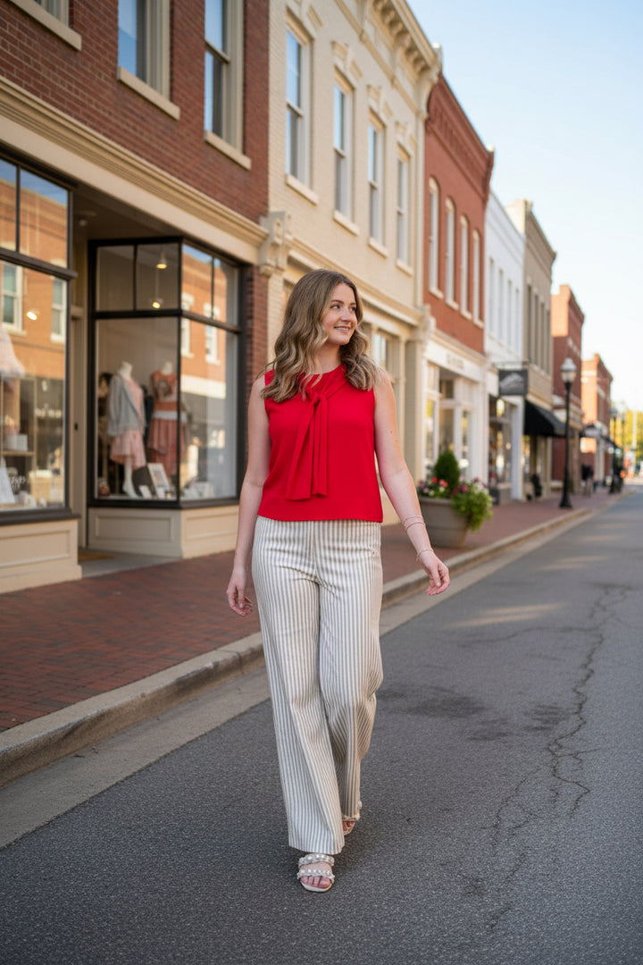 Entro Tan Striped Wide Leg Pants | Neutral  Classic Button and Zipper Closure - Vintage Dragonfly Boutique
