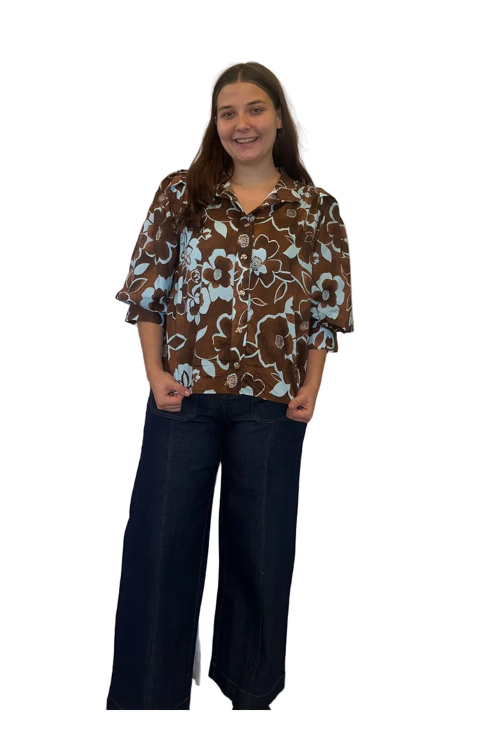Entro Dark Denim Contrast-Stitch Wide-Leg Pants