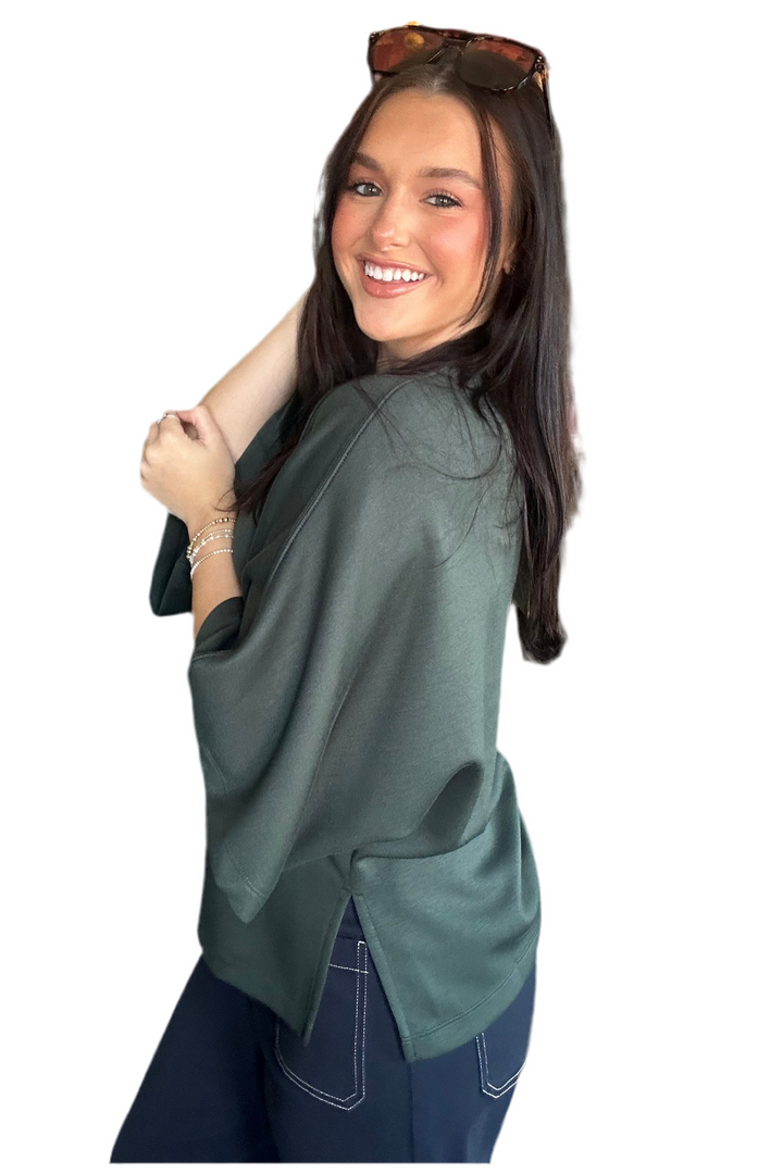 Entro Dark Green Knit Top – Elbow Sleeve Relaxed Silhouette Blouse