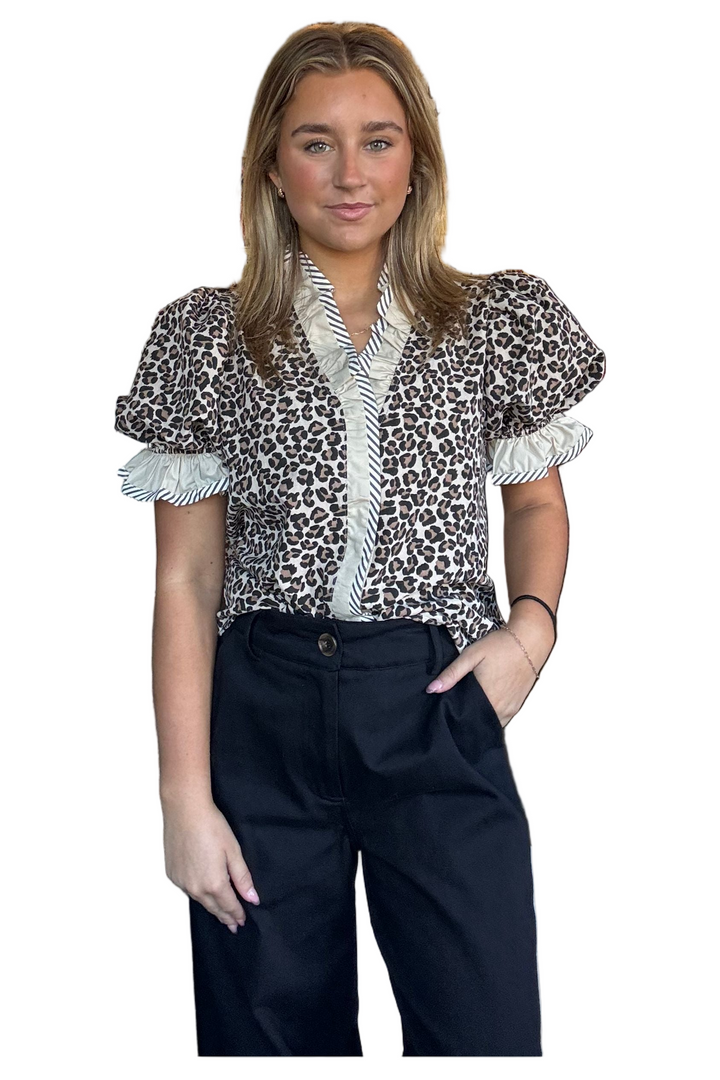 ENTRO Leopard Puff Sleeve Top with Ruffle Neckline & Snap Closure