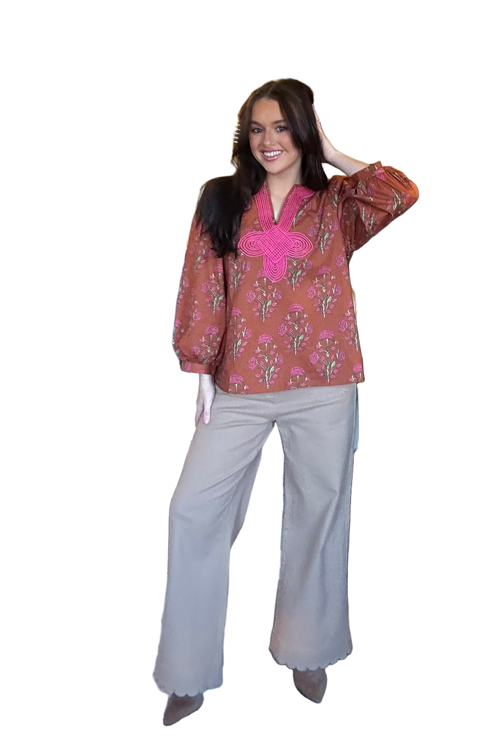 Floral Puff Sleeve Cotton Top with Embroidered Trim | ENTRO