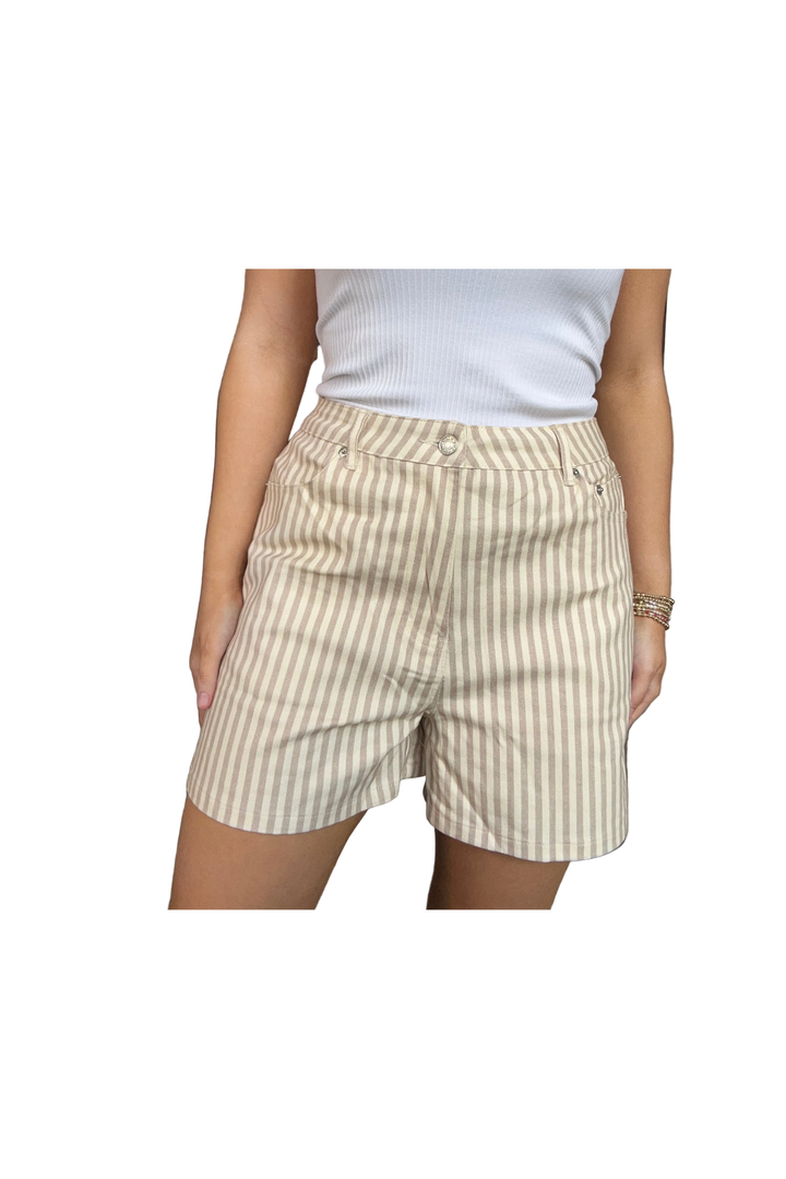 Entro Navy &amp; Tan Striped Classic Shorts - Vintage Dragonfly Boutique