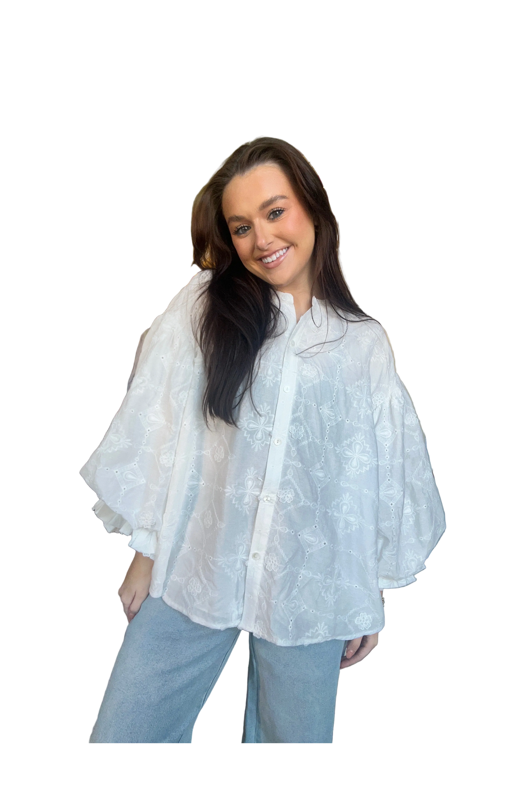 Fate White Eyelet Puff Sleeve Button-Front Blouse - Vintage Dragonfly Boutique