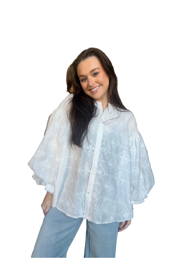 Fate White Eyelet Puff Sleeve Button-Front Blouse - Vintage Dragonfly Boutique