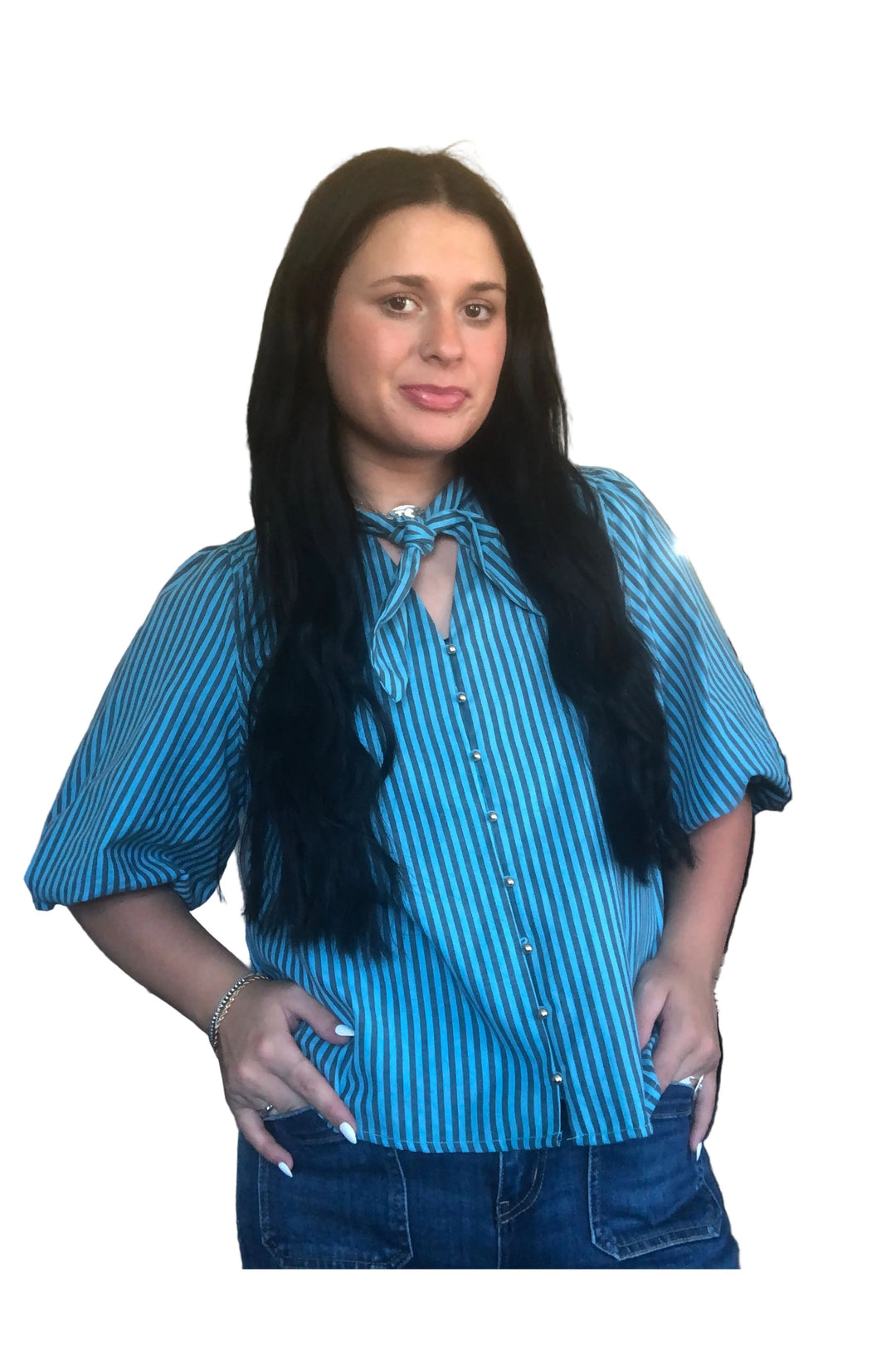 Entro Teal Striped Tie Neck Button Front Top - Vintage Dragonfly Boutique