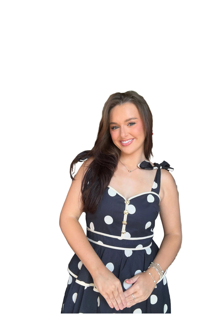 Entro Black and White Polka Dot Peplum Midi Dress - Vintage Dragonfly Boutique