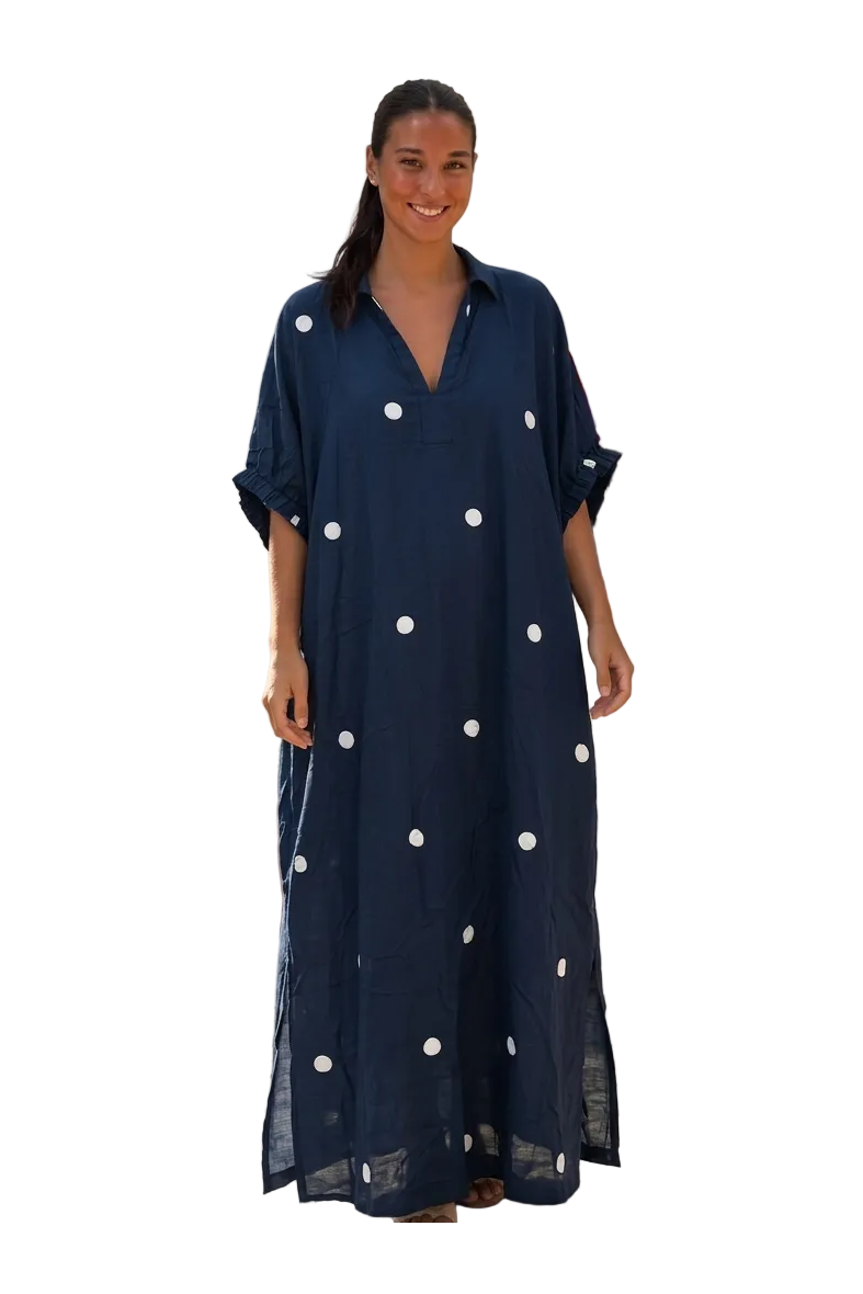 Entro Navy Polka Dot Midi Dress | Classic Women’s Boutique Dress - Vintage Dragonfly Boutique