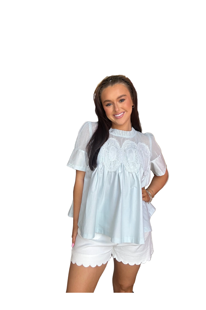 Fate Sheer Mesh Lace Babydoll Top in Pale Blue Mesh Combined Top - Vintage Dragonfly Boutique